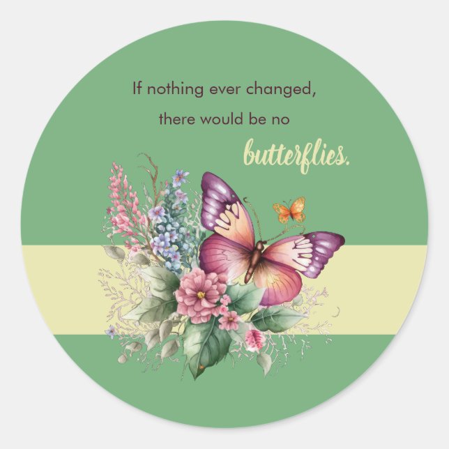 Sticker Rond Papillon d'encouragement et fleurs sur fond vert (Devant)