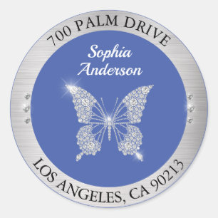 Sticker Rond Papillon Diamant, Adresse de Retour Argent, Bleu M