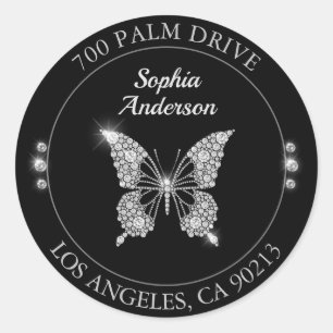 Sticker Rond Papillon Diamant, Adresse de Retour Cercle Noir