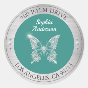 Sticker Rond Papillon Diamant, Adresse de Retour en Métal Argen