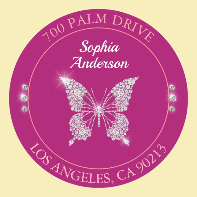 Sticker Rond Papillon Diamant, Adresse de Retour Fuchsia Profon (Créateur téléchargé)