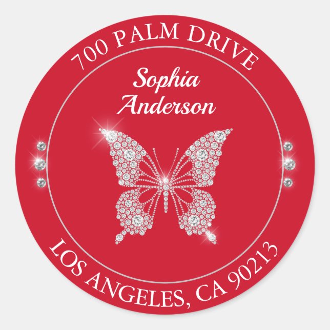 Sticker Rond Papillon Diamant, Adresse de Retour Rouge (Devant)