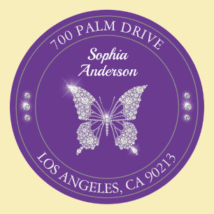 Sticker Rond Papillon Diamant, Adresse de Retour Violet Royal