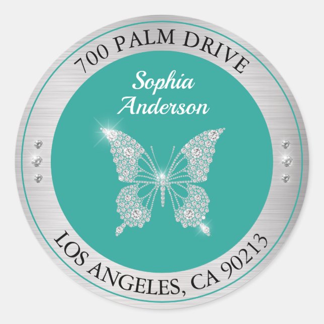 Sticker Rond Papillon Diamant Argent Adresse de Retour Turquois (Devant)