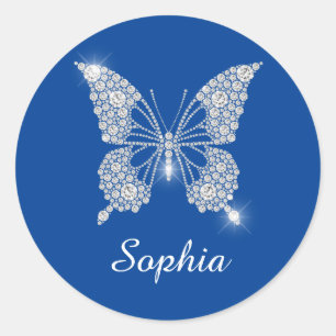 Sticker Rond Papillon Diamant Blanc, Nom en écriture, Bleu Prof