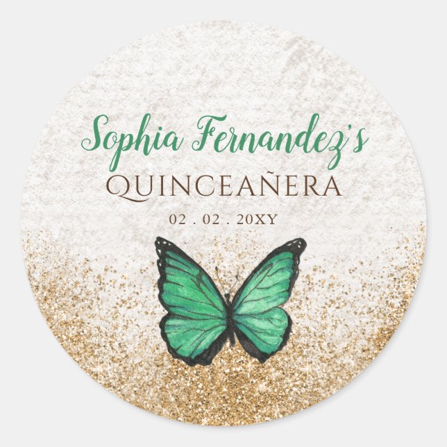 Sticker Rond Papillon doré vert émeraude rustique vintage (Devant)