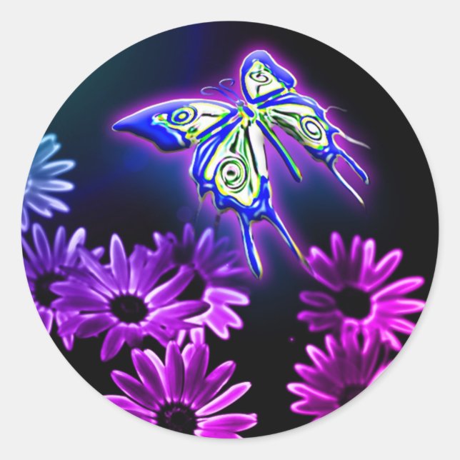 Sticker Rond Papillon et marguerite pourpres mignons (Devant)