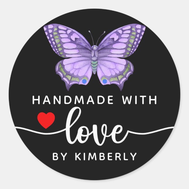 Sticker Rond Papillon fait main avec amour noir (Devant)