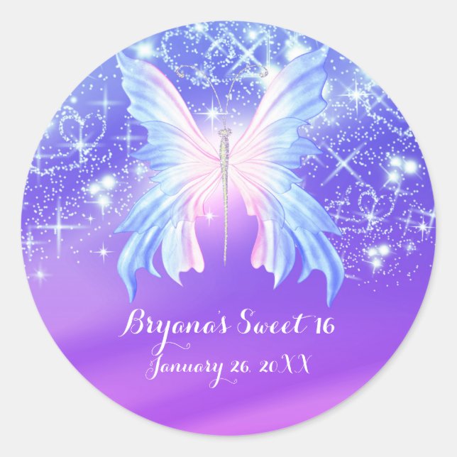 Sticker Rond Papillon Fantaisie Rose & Violet Pailleté (Devant)