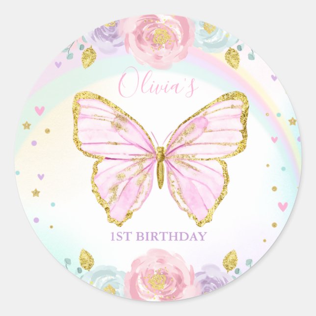 Sticker Rond Papillon fête d'anniversaire rose papillon floral (Devant)