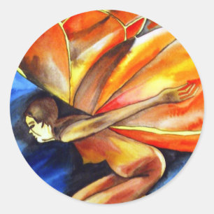Sticker Rond Papillon fille surréaliste art imaginaire original