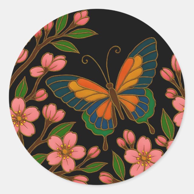 Sticker Rond Papillon Fleur de Cerisier Lune (Devant)