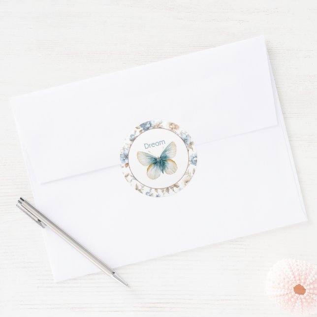 Sticker Rond Papillon Fleurs Crème Bleue Marron Tan (Enveloppe)