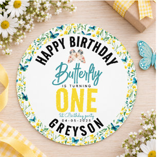 Sticker Rond Papillon Floral Fantaisiste pour le 1er Anniversai