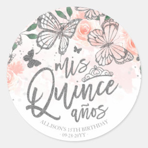 Sticker Rond Papillon Floral Fête de Quinceañera Rose Clair Cla