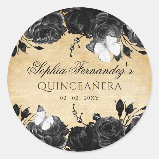 Sticker Rond Papillon floral noir rustique vintage    (Devant)