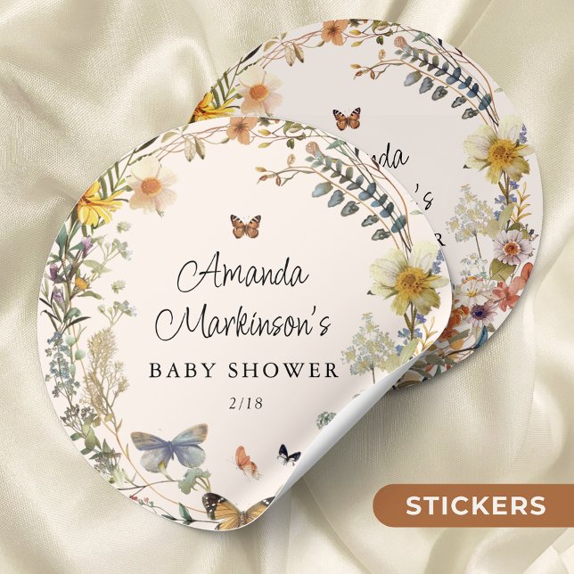 Sticker Rond Papillon floral rustique Baby shower neutre genre (Créateur téléchargé)