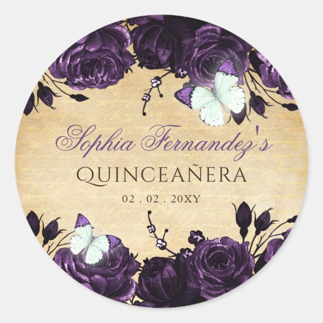 Sticker Rond Papillon floral violet rustique vintage   (Devant)