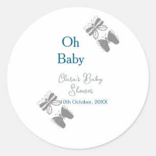 Sticker Rond Papillon gris bleu baby shower oh bébé moderne tex