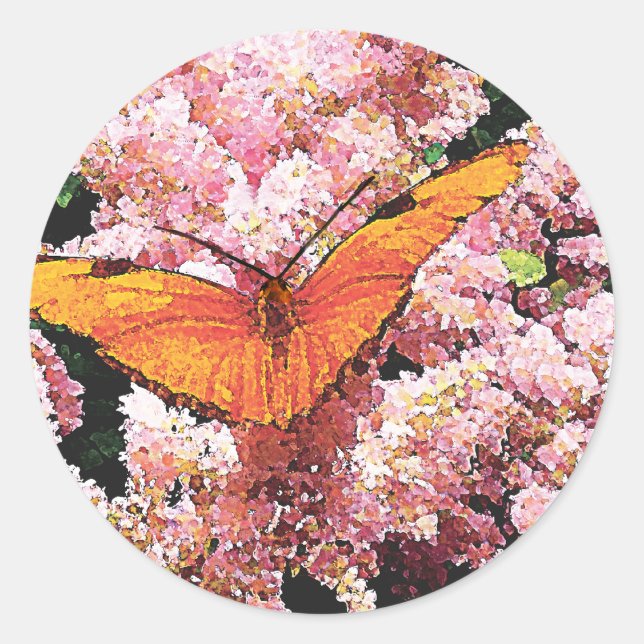 Sticker Rond Papillon Julia sur Fleurs roses (Devant)