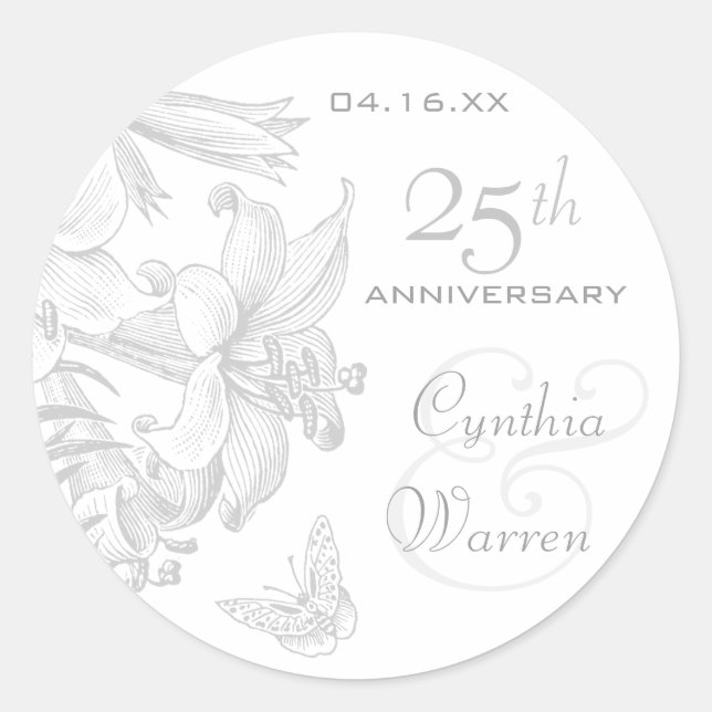Sticker Rond Papillon Lilies Argent 25e anniversaire Mariage (Devant)