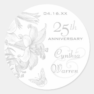 Sticker Rond Papillon Lilies Argent 25e anniversaire Mariage