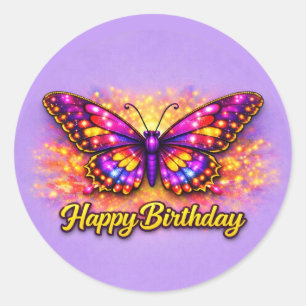 Sticker Rond Papillon Magique Or et Violet Joyeux Anniversaire