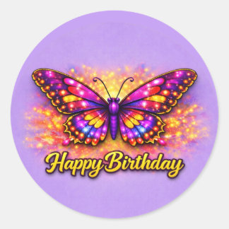 Sticker Rond Papillon Magique Or et Violet Joyeux Anniversaire