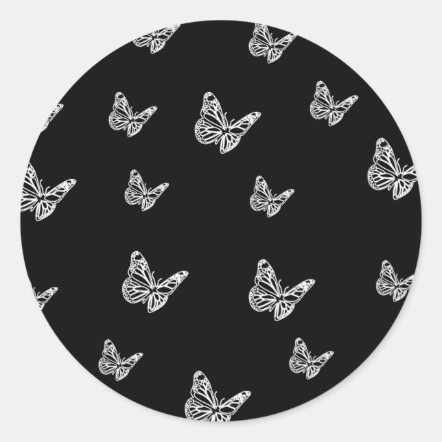 Sticker Rond Papillon mignon noir et blanc motif, esthétique (Devant)