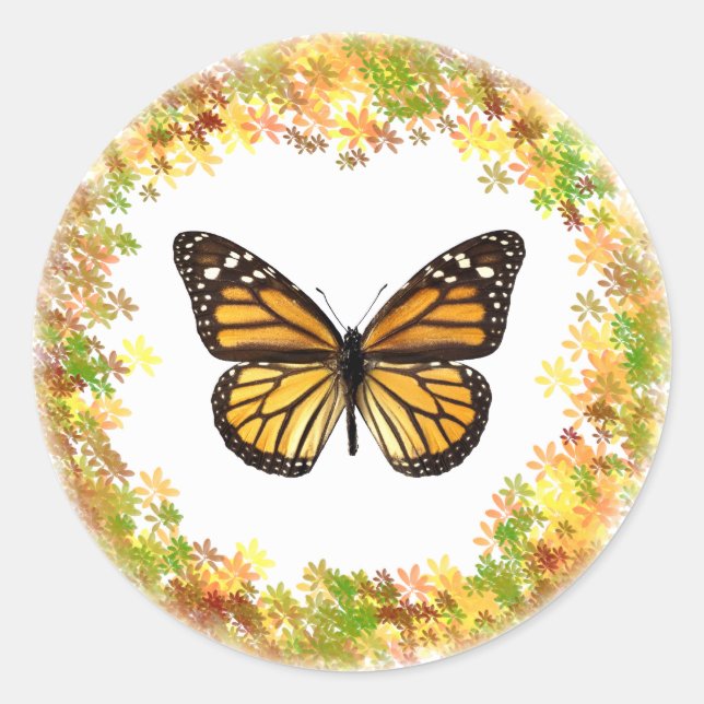 Sticker Rond Papillon monarque en cadre feuille (Devant)