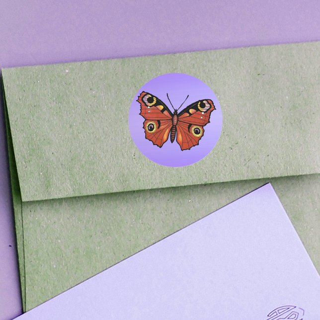 Sticker Rond Papillon Monarque Joli Vivid (Pretty brown monarch butterfly on purple round stickers.)