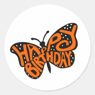 Sticker Rond Papillon Monarque Noir et Orange Joyeux Anniversai