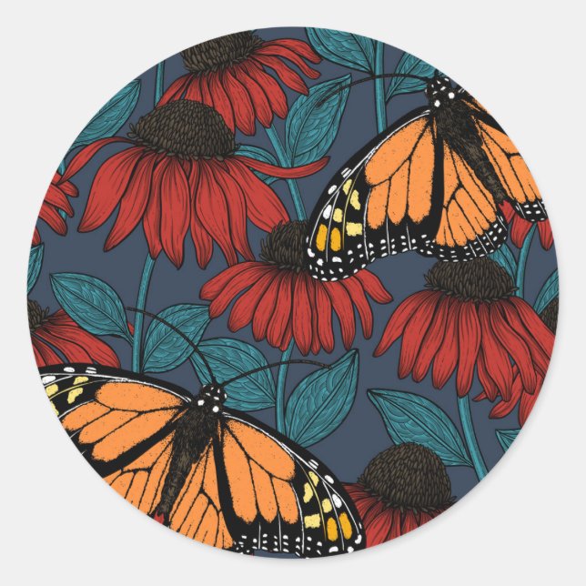 Sticker Rond Papillon monarque sur des fleurs rouges (Devant)