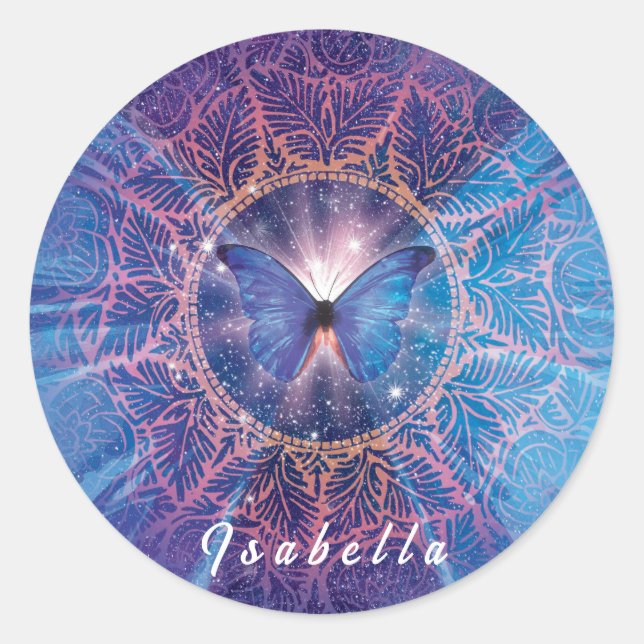 Sticker Rond Papillon morpho / Galaxie Mandala (Devant)