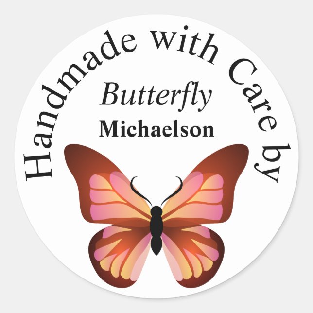 Sticker Rond Papillon orange rose et noir Nom personnalisé (Devant)