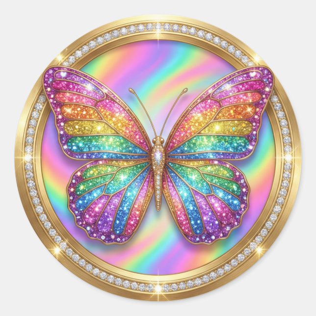 Sticker Rond Papillon Pailleté Arc-en-Ciel de Luxe  (Devant)