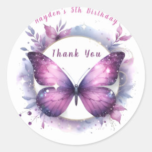 Sticker Rond Papillon Pailleté Violet - Merci Anniversaire