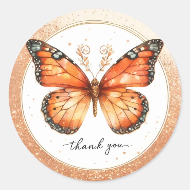 Sticker Rond Papillon Parties scintillant or orange - Merci - (Devant)