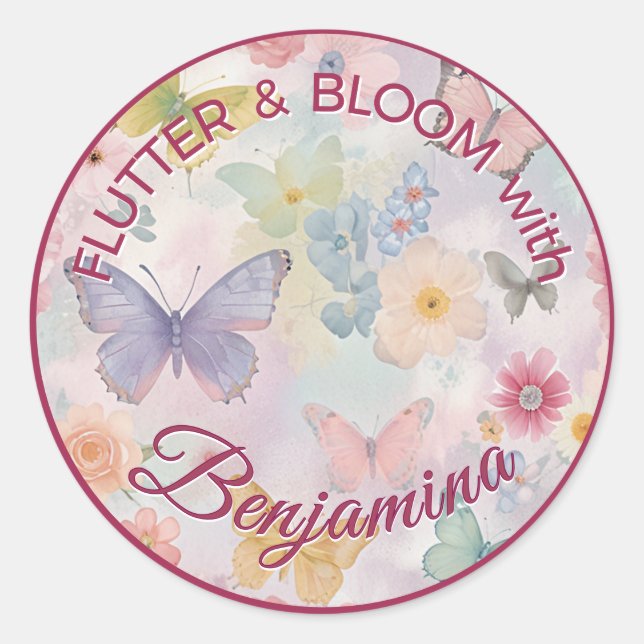 Sticker Rond Papillon Pastel Fleur Rose Violet Fille de Fête (Devant)