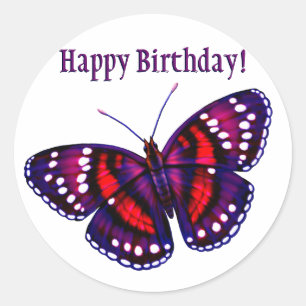 Sticker Rond Papillon pourpre tropical de joyeux anniversaire
