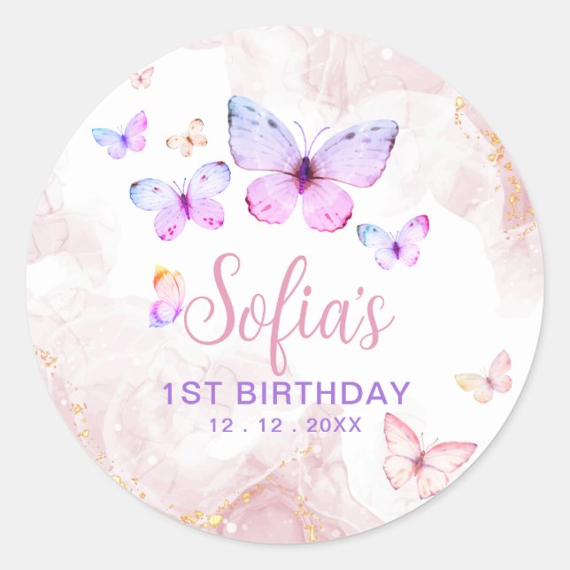Sticker Rond Papillon premier anniversaire fille 1er rose viole (Devant)