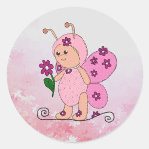Sticker Rond Papillon rose