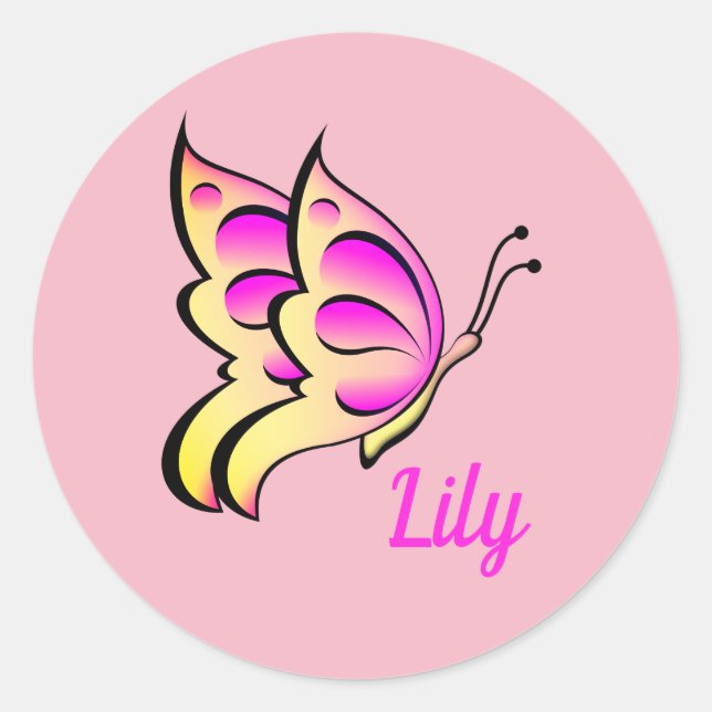 Sticker Rond papillon rose - ajouter un nom (Devant)