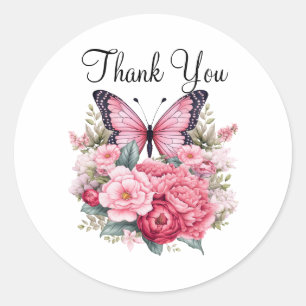 Sticker Rond Papillon rose Aquarelle et Fleurs Merci