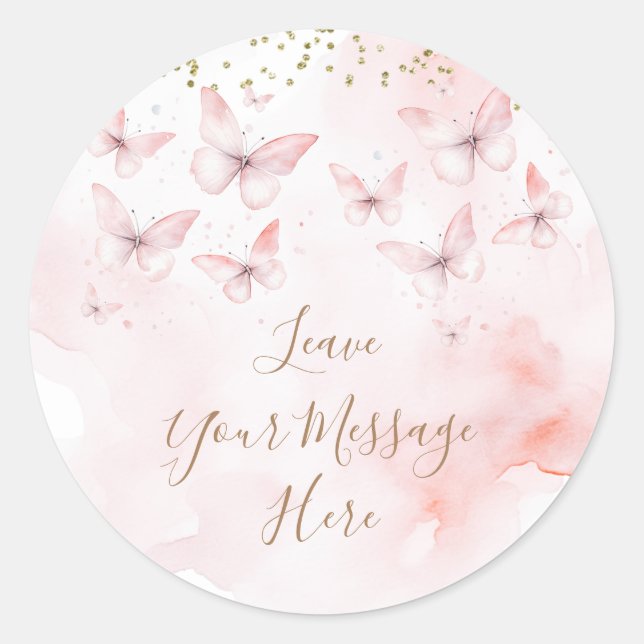 Sticker Rond Papillon rose Baby shower Aimez votre message ici (Devant)