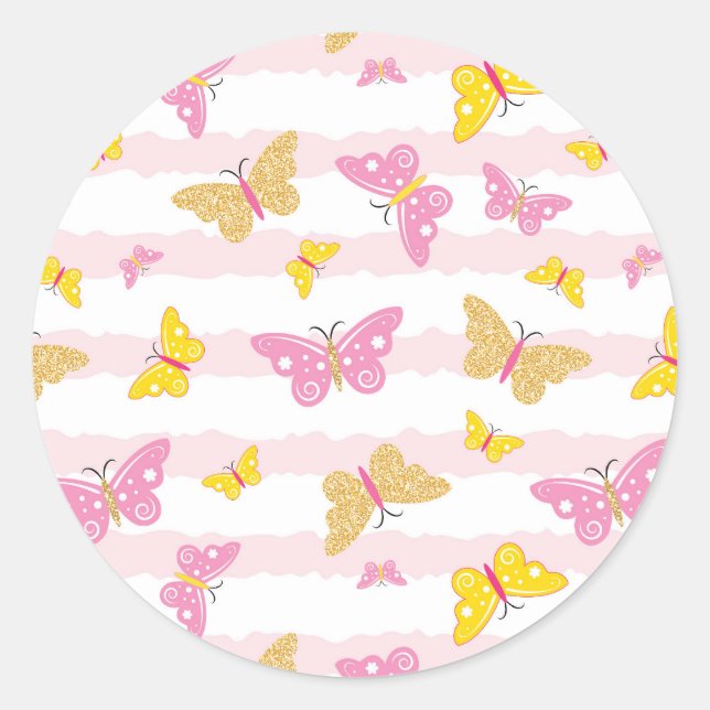 Sticker Rond Papillon rose et or (Devant)