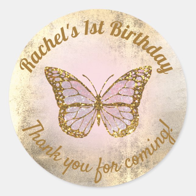 Sticker Rond Papillon rose merci d'être venu (Devant)