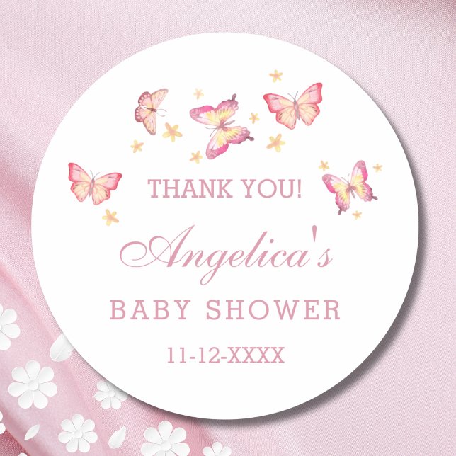 Sticker Rond Papillon rose pâle Dusty Baby shower Merci (Créateur téléchargé)