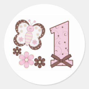 Sticker Rond Papillon rose Premier Anniversaire Classic Sticke