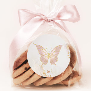 Sticker Rond Papillon rose rousse or